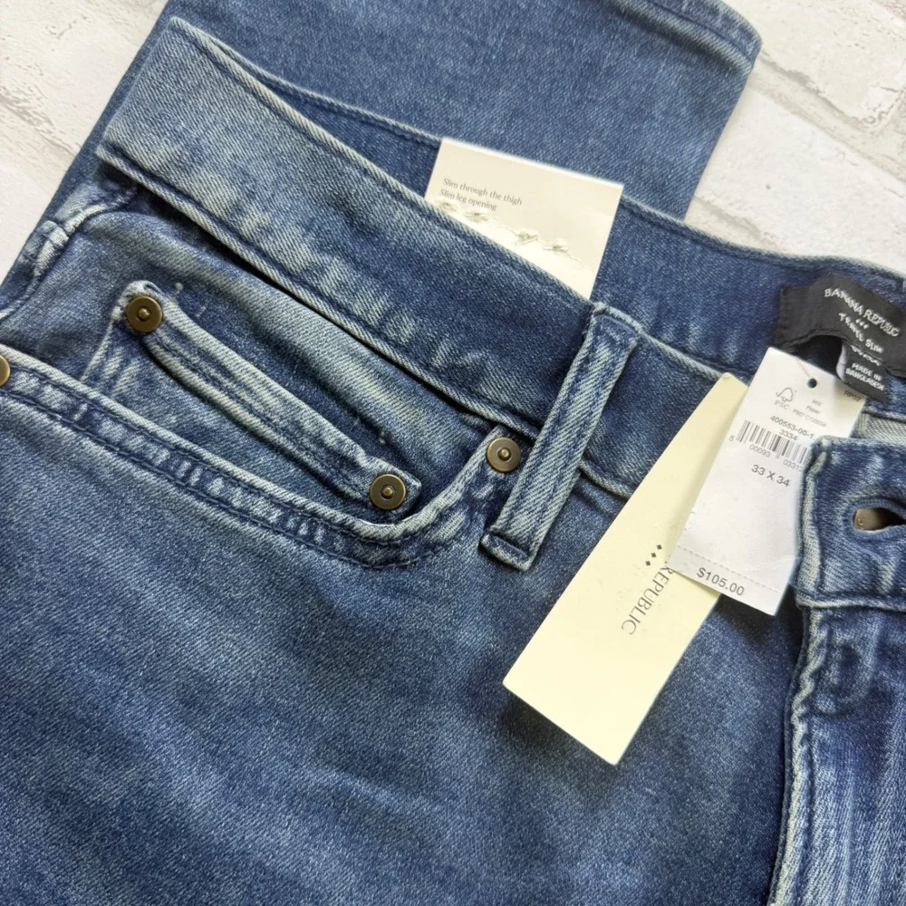 Banana Republic Travel Slim Jean Mens 33x34 Blue Denim Pants NWT